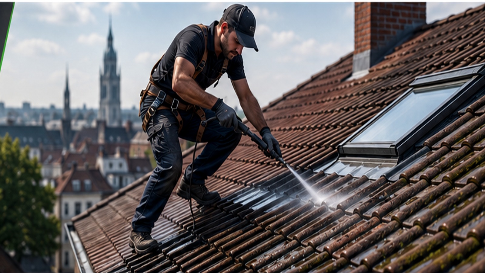Professionnel nettoyant une toiture à Schaerbeek